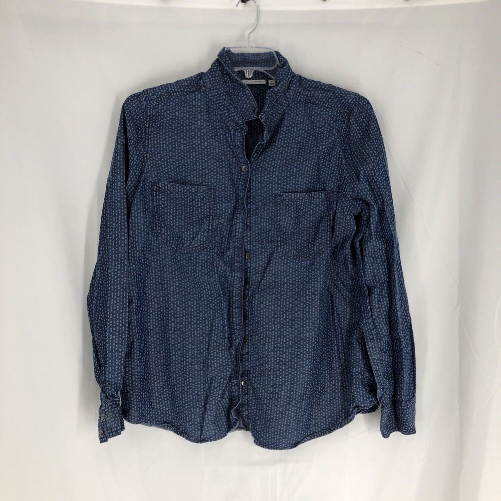 Women's Halogen spotted dots chambray button down shirt size XL